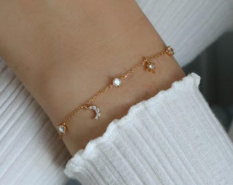 Celestial Moon Star-armband • Vergulde iriserende CZ-stationketting • Celestial Space-sieraden