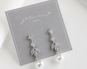 Mariella Crystal Pearl Drop Earrings, Crystal Leaf Earring, Marquise Crystal Wedding Earrings, Dainty Bridal Earrings, Bridesmaid Gift