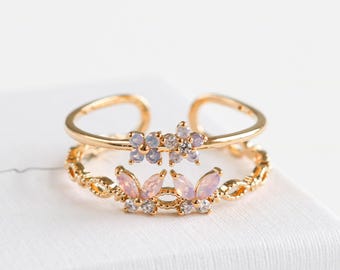 Duo Pink Butterfly Blossom Ring, Dainty Double Stacking Ring, Beaded Band, Pink Purple Stones, Free Size Ring, Gift For Her