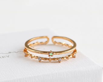 Star Dust Ring • Double Band Iridescent CZ Station Ring • Open Adjustable Ring
