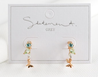 Blue Green Stone Butterfly Hoop Earrings, Leaves with Butterfly Earring, Hanging Butterfly, Cute Earrings, Leaf Earrings, Floral Earrings