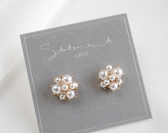 Dotty Pearl Cluster Earrings, Cubic Zirconia, Synthetic Pearls, Hypoallergenic Bridal Jewelry