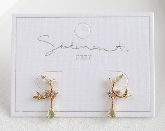 Fairy Butterfly Earrings, Leaf Branch with Butterfly Earring, Fairy Green Crystal Earrings, Cute Earrings, Leaf Earrings, Floral Earrings