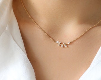 Necklace Leaf branch Aligned, Vine Necklace, Bridesmaids Jewelry, Bar Necklace, Flower Pendant Dainty Necklace, Olive Leaf Vine, Bridal