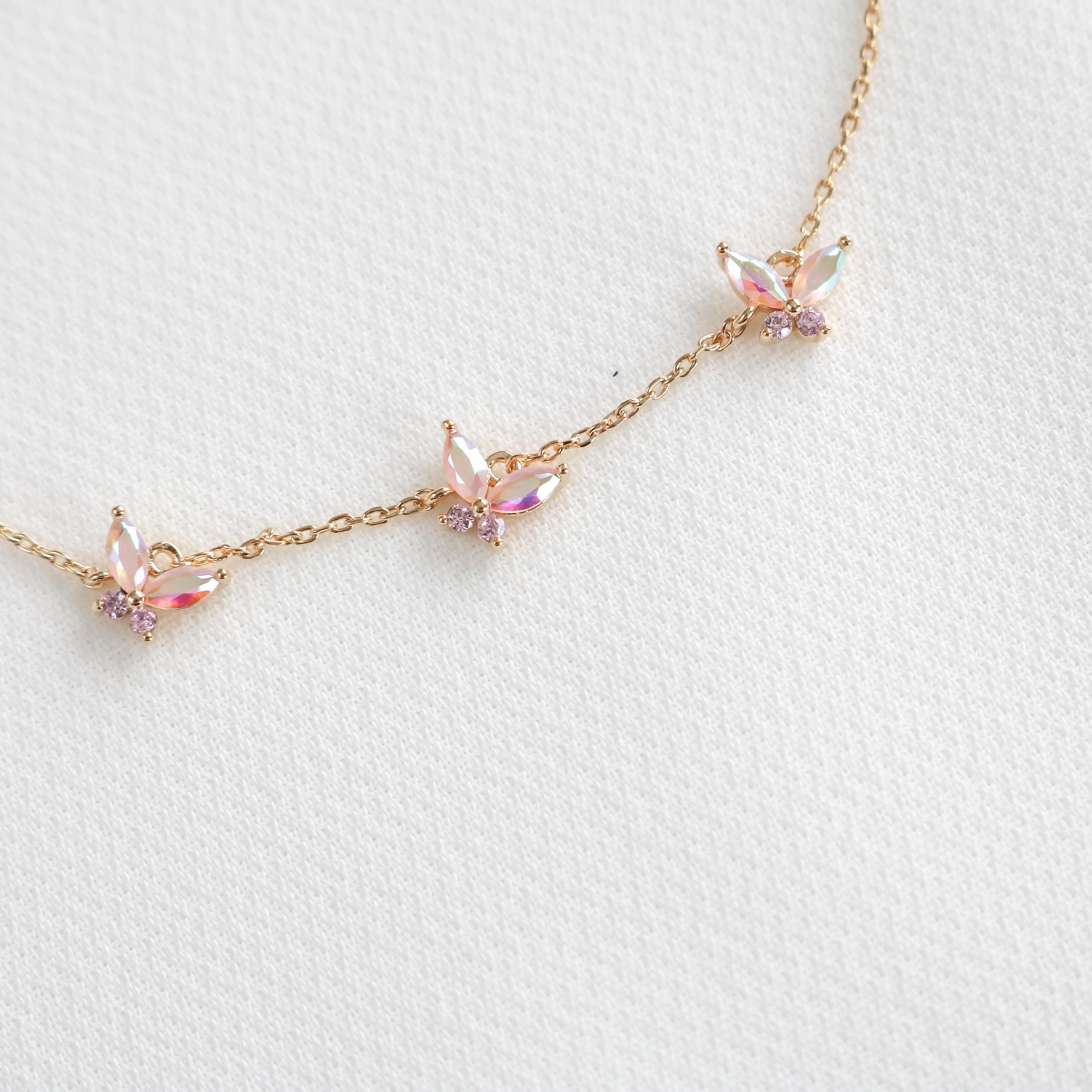 Lillia Butterfly Gold Delicate Bracelet in Pink Crystal