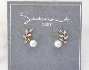 Crystal Leaf Ear Climber, Earring Crawler, Wedding, Bridal, Bridesmaids, Pearl and Crystal Earring, Leaf Earrings, Feminine