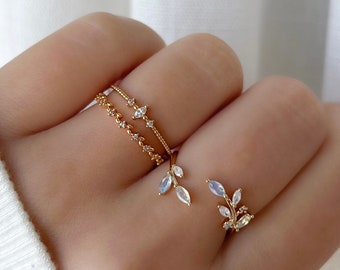 Blauwe ring, bladring, ring met gekleurde stenen, blauw kristal, ring met vrije maat, verstelbare ringen, voor haar, cadeau voor vriendin vrouw sierlijke ring