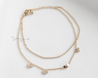 Four Hearts Bracelet, Heart Jewelry, Love Bar Bracelet, Pendant, Flower Bracelet, wedding Dainty Bracelet, Delicate, gold hearts bracelet