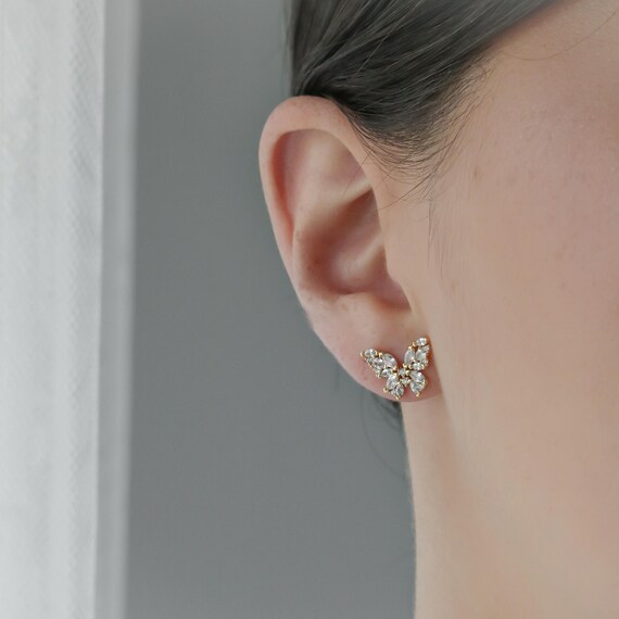 Boucles D'oreilles Puces Papillon En Acier Doré - Marque Petugons, Fermoir à Clous