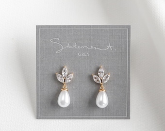 Aria Earrings, Pearl and Crystal Earring, Marquise Crystal Earrings, Sterling Silver, Dainty, Wedding, Bridal, Bridesmaid Jewelry, leaf