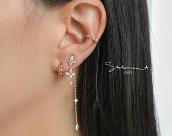 Sachi vlinderketting druppeloorbellen, sierlijke marquise en ronde zirkonia's lange oorbellen met ketting, vlinderoorbellen kwastjes, hangoorbellen
