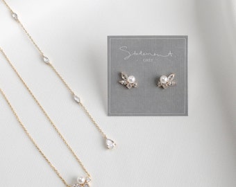 Lea Pearl Backdrop Necklace, Pearl Crystal Necklace, Teardrop Crystal, Layering Necklace, Bridal Necklace, wedding, Bridal Jewelry Set