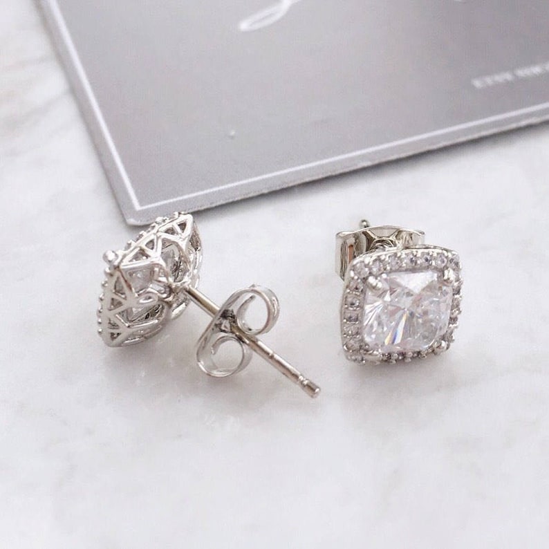 Lili Cushion Cut Crystal Halo Earrings Wedding Earrings Crystal Earrings Cushion Cut Crystal bridesmaids earrings image 1