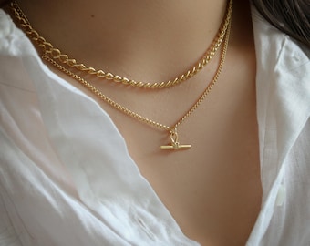 Double Curb Chain Knoted Bar Necklace, Double Chain, Chunky Necklace, Big Chain oversized gold chains, bold statement, double layered
