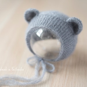 Baby Hat with Ears, Newborn Hat, Sitter Hat, Mohair Bear Bonnet Photo Prop