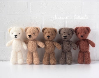 Fuzzy Teddy Bear and Bonnet Set, Handknitted Cute Stuffie, Newborn Photo Prop