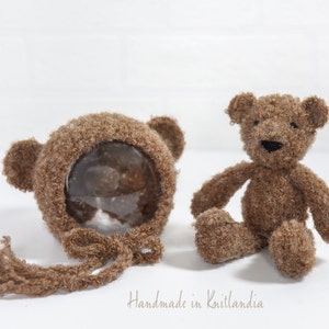 Small Teddy Bear and Matching Hat, Handknitted Toy and Hat Set, Newborn Photo Prop image 5