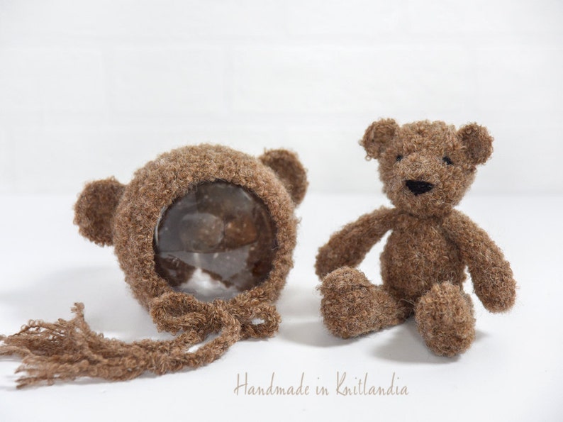 Small Teddy Bear and Matching Hat, Handknitted Toy and Hat Set, Newborn Photo Prop image 5
