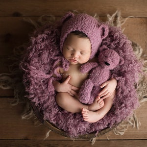 Small Teddy Bear and Matching Hat, Handknitted Toy and Hat Set, Newborn Photo Prop image 2