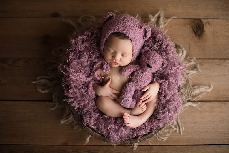 Small Teddy Bear and Matching Hat, Handknitted Toy and Hat Set, Newborn Photo Prop image 2