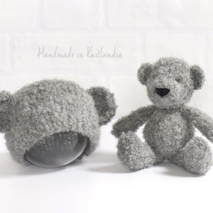 Small Teddy Bear and Matching Hat, Handknitted Toy and Hat Set, Newborn Photo Prop image 3