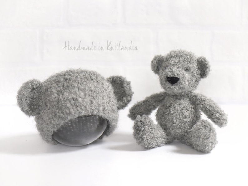 Small Teddy Bear and Matching Hat, Handknitted Toy and Hat Set, Newborn Photo Prop image 3