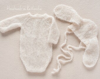 Newborn Romper and Bonnet Set, Legless Romper and Bear or Bunny Hat Set, Knitted Newborn Photo Prop