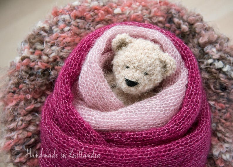 Small Teddy Bear and Matching Hat, Handknitted Toy and Hat Set, Newborn Photo Prop image 7