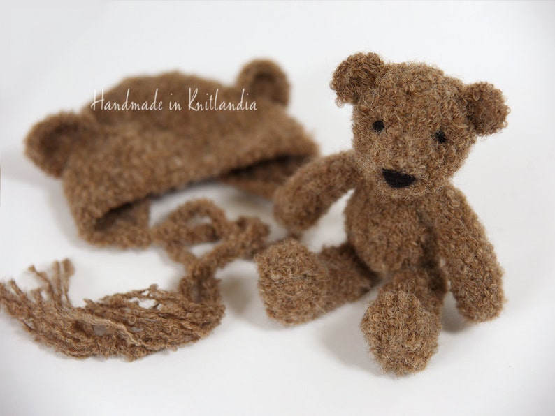 Small Teddy Bear and Matching Hat, Handknitted Toy and Hat Set, Newborn Photo Prop image 4
