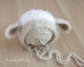 Brushed Lamb or Monkey Bonnet, Newborn Hat with Ears, Newborn Photography Prop