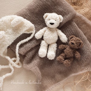 Small Teddy Bear and Matching Hat, Handknitted Toy and Hat Set, Newborn Photo Prop image 6