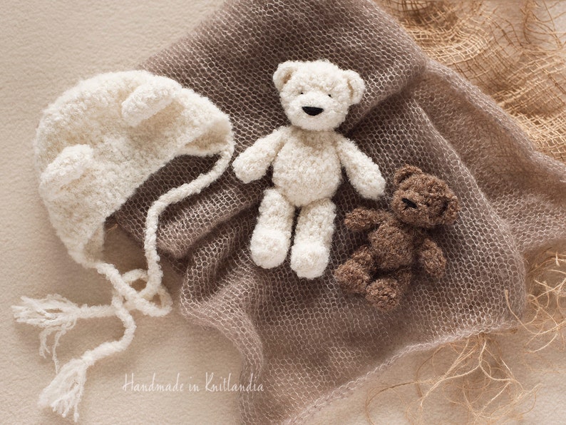 Small Teddy Bear and Matching Hat, Handknitted Toy and Hat Set, Newborn Photo Prop image 6