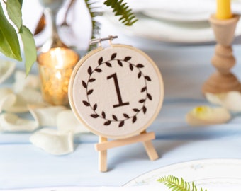 Wedding Table Numbers with Stand, Embroidery Hoop on Stand, Wedding Table Decor, Boho Wedding Table Numbers, Floral Table Numbers