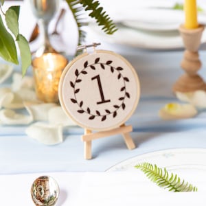 Wedding Table Numbers with Stand, Embroidery Hoop on Stand, Wedding Table Decor, Boho Wedding Table Numbers, Floral Table Numbers