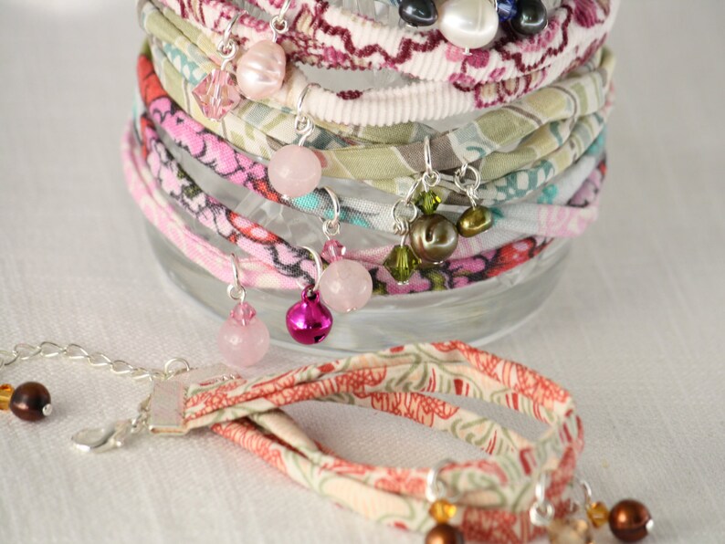 Liberty Fabric Bracelet Pink With Swarovski Crystal Etsy