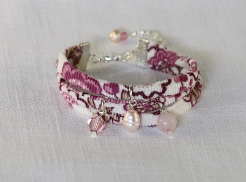 Liberty Fabric Bracelet Pink With Swarovski Crystal Etsy