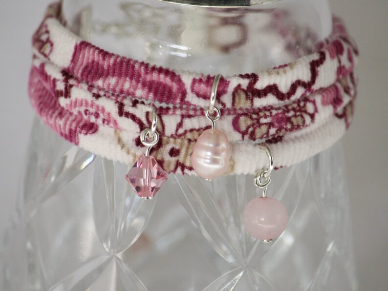 Liberty Fabric Bracelet Pink With Swarovski Crystal Etsy