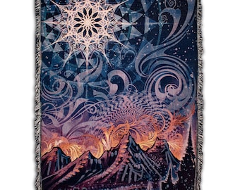 Mycelia Luna - Manta de algodón tejida - Paisaje psicodélico lunar - Arte de Simon
