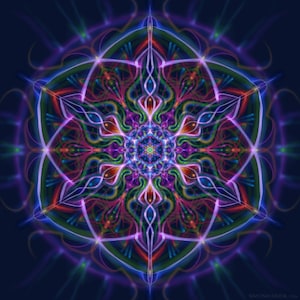 May include: A colorful mandala with intricate patterns and a starburst in the center. The mandala is made up of various shades of pink, purple, blue, green, and red.