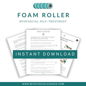 Può includere: Una guida di download digitale per l'autotrattamento con rullo di schiuma. La guida include istruzioni su come utilizzare un rullo di schiuma per il rilascio miofasciale, con illustrazioni di diversi esercizi. Il testo sulla pagina dice "Foam Roller Myofascial Self-Treatment" e "Download immediato".