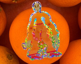 Groovy Alien Sticker Glitter Holographic Vinyl - Retro 1970s Style UFO NHI Orange and Pink w/ Rainbow Glitter - Hippie Boho Gift Idea