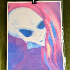 Grey Alien Stargazer Painting Art Print, Extraterrestrial, Wall Decor UFO Spacecraft Colorful - Cryptid Sci-fi Gift Idea