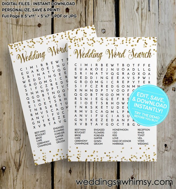 Gold Glitter Confetti Wedding Word Search Bridal Shower Game Etsy