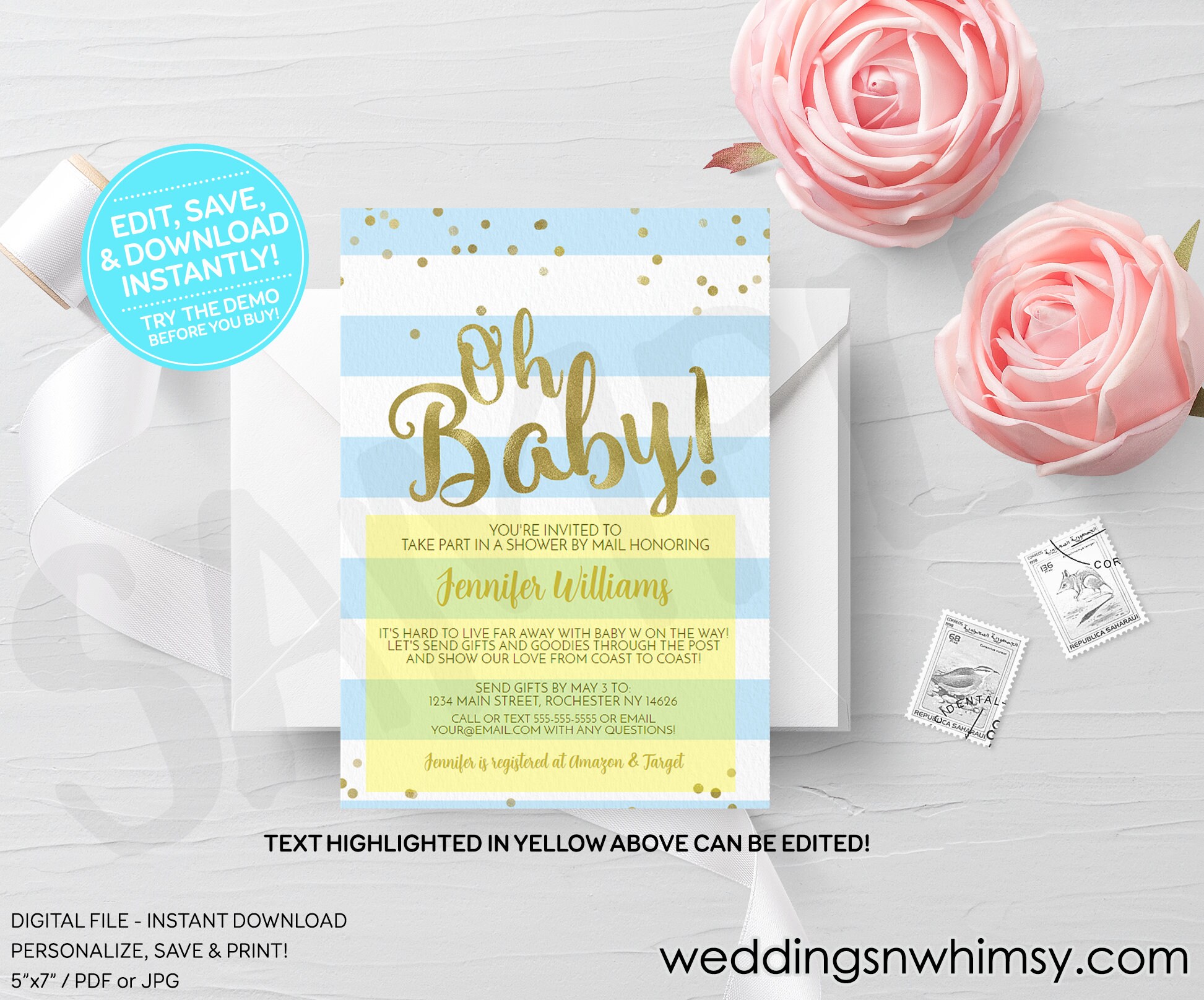 Blue Oh Baby Shower by Mail Invitation Printable Boy Virtual Etsy