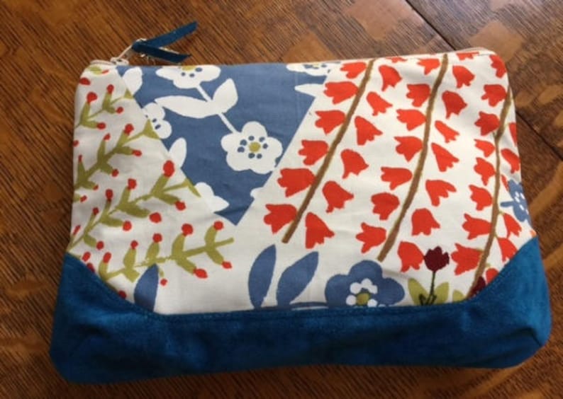 Large Floral Zippered Pouch Handmade Zippered Bag Zippered Pouch with Cotton and Suede
