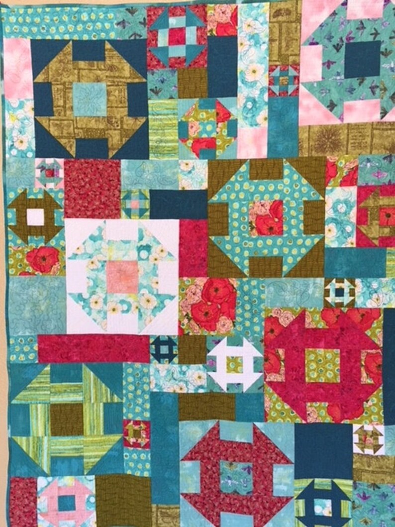 Modern Churn Dash Quilt, Modern Floral Wallhanging, Modern Floral Throw Quilt, Hand Made Patchwork quilt image 2