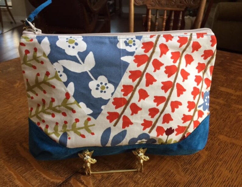 Large Floral Zippered Pouch Handmade Zippered Bag Zippered Pouch with Cotton and Suede