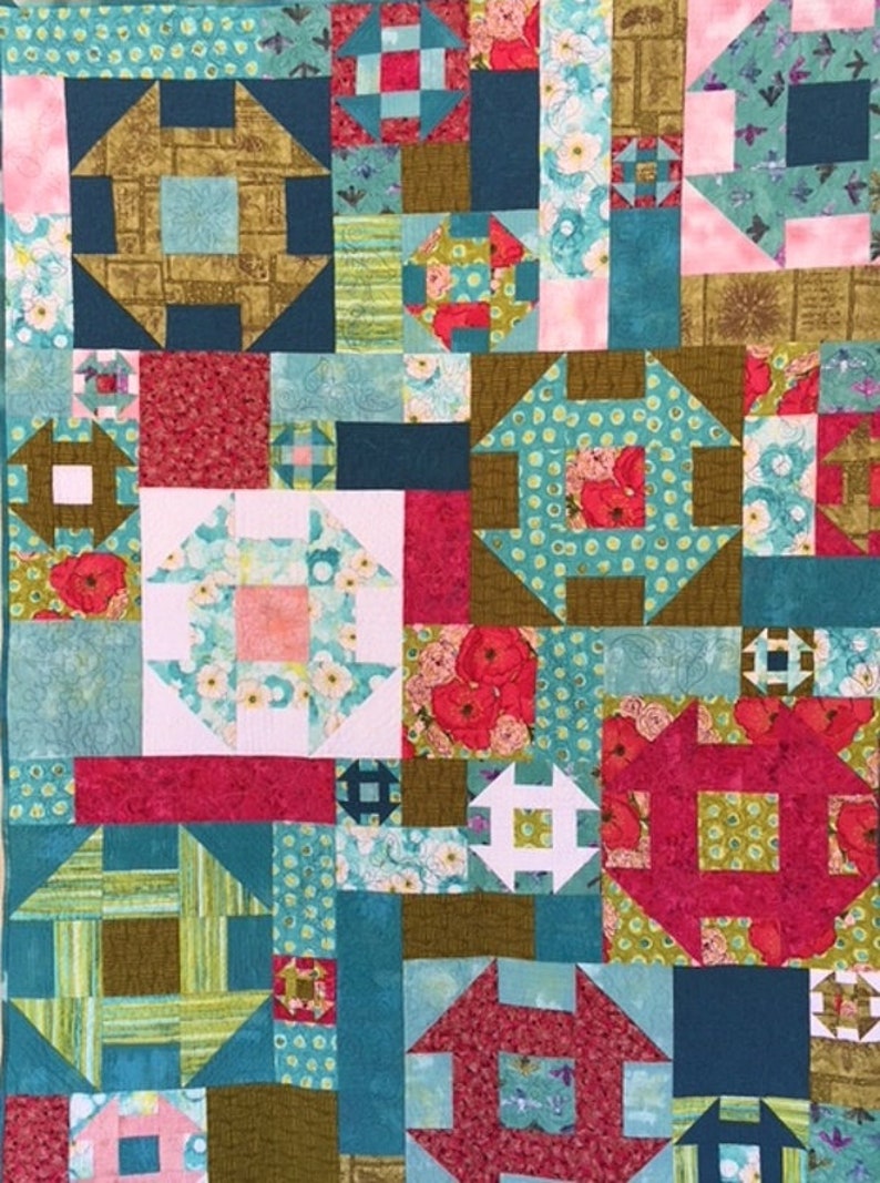 Modern Churn Dash Quilt, Modern Floral Wallhanging, Modern Floral Throw Quilt, Hand Made Patchwork quilt image 6