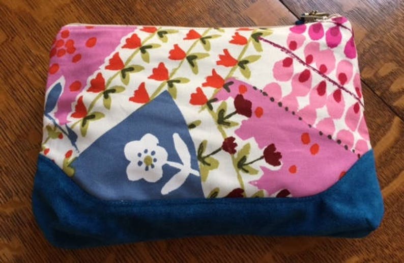 Large Floral Zippered Pouch Handmade Zippered Bag Zippered Pouch with Cotton and Suede