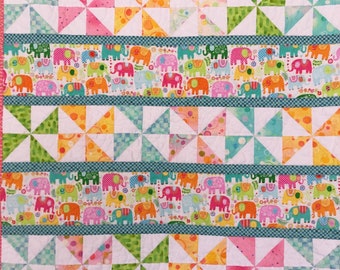 Elephant Pinwheel Quilt, Colorful Child’s Quilt, Handmade Elephant Quilt